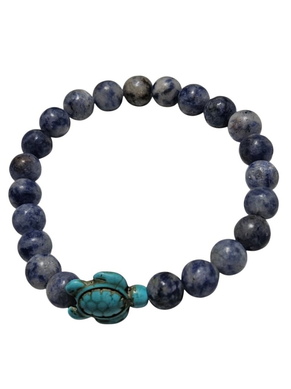 Turquoise Turtle Charm Beaded Bracelet Blue Sodalite Beads Stretch Jewelry